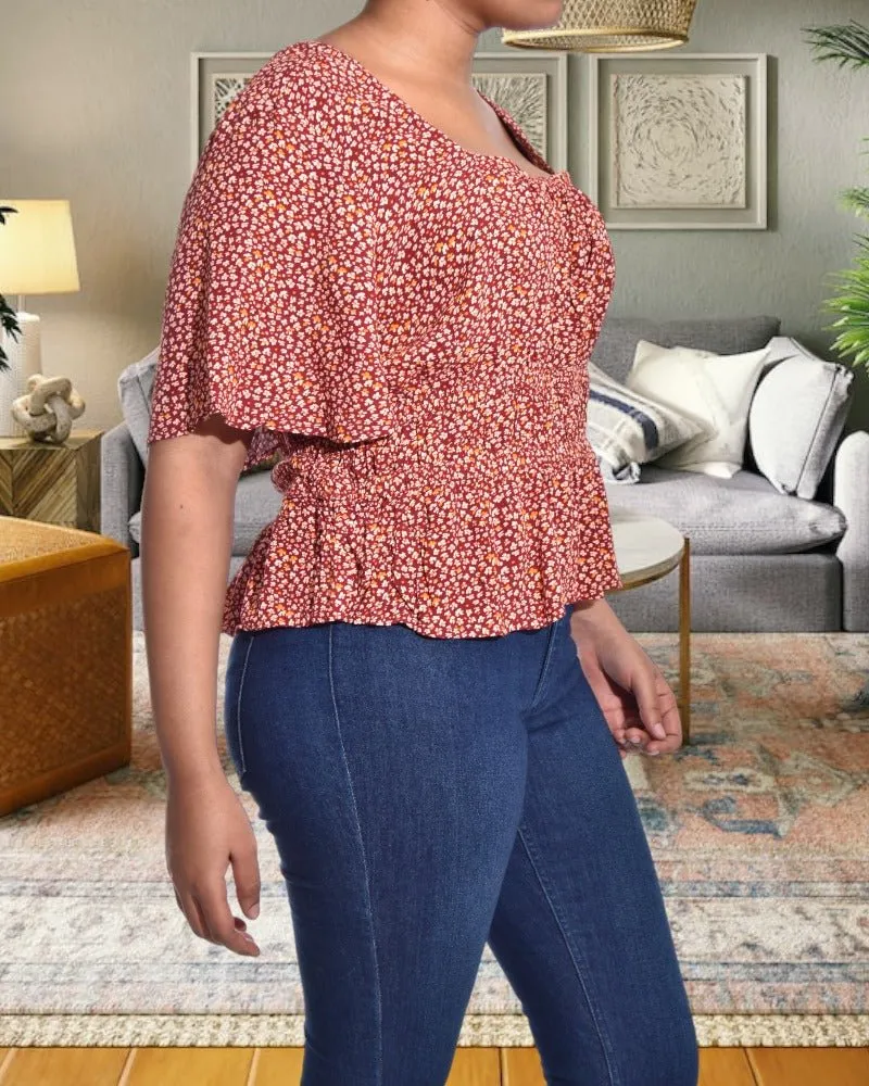 Maroon And Orange Ruffle Hem Top