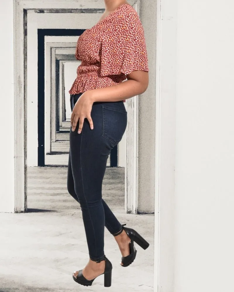 Maroon And Orange Ruffle Hem Top