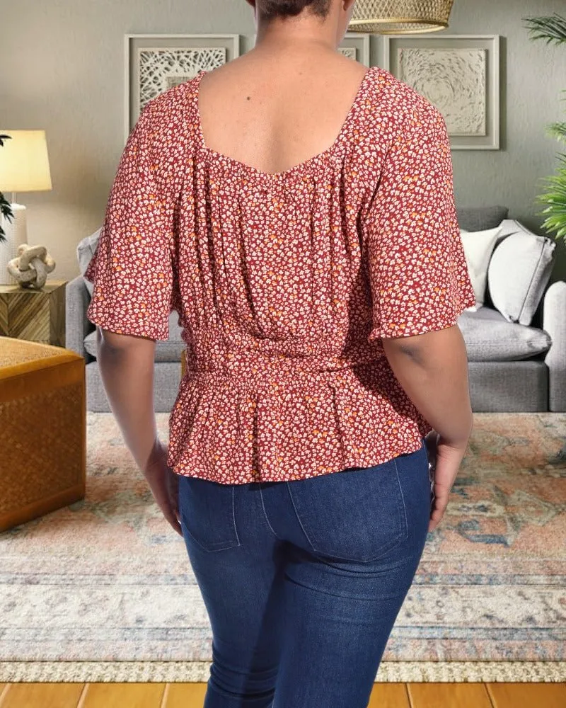 Maroon And Orange Ruffle Hem Top